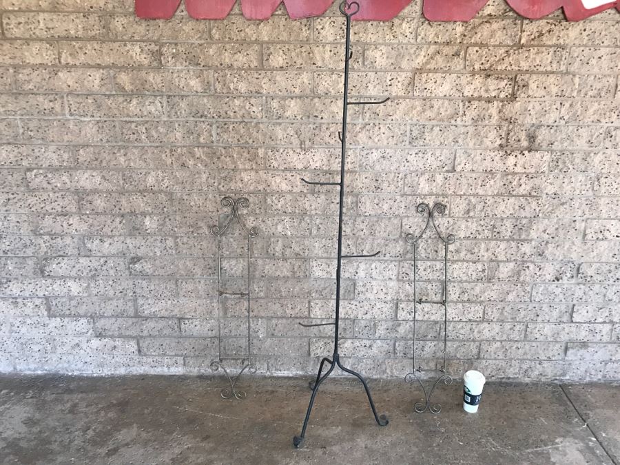 Wrought Iron Floor Stand And (2) Wall Mounted Metal Hooks [Photo 2]
