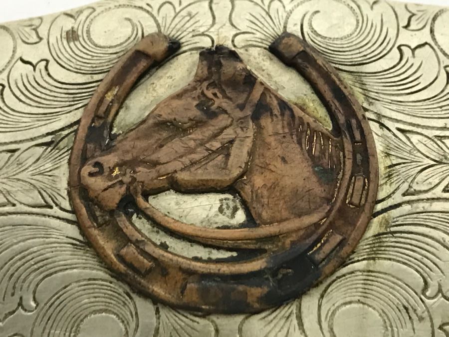 Vintage Nickel Silver Cowboy Belt Buckle With Horse [Photo 3]
