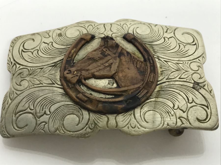 Vintage Nickel Silver Cowboy Belt Buckle With Horse [Photo 2]