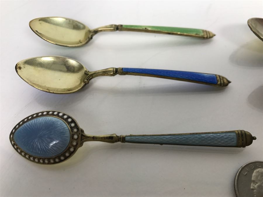 Set Of (6) Vintage Sterling Silver And Enamel Spoons 105.6g [Photo 3]