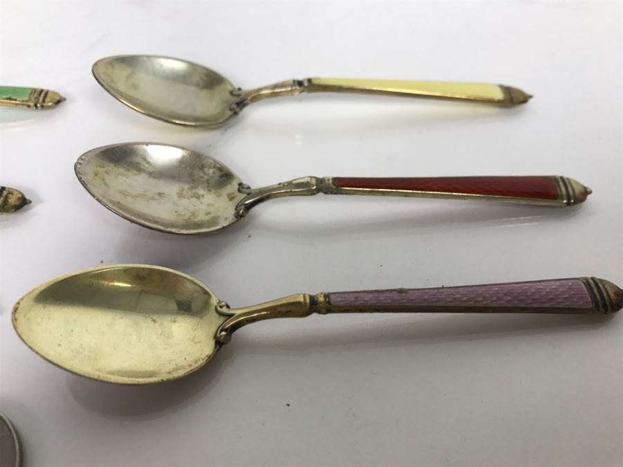 Set Of (6) Vintage Sterling Silver And Enamel Spoons 105.6g [Photo 7]