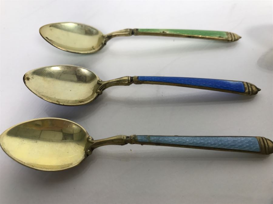 Set Of (6) Vintage Sterling Silver And Enamel Spoons 105.6g [Photo 6]