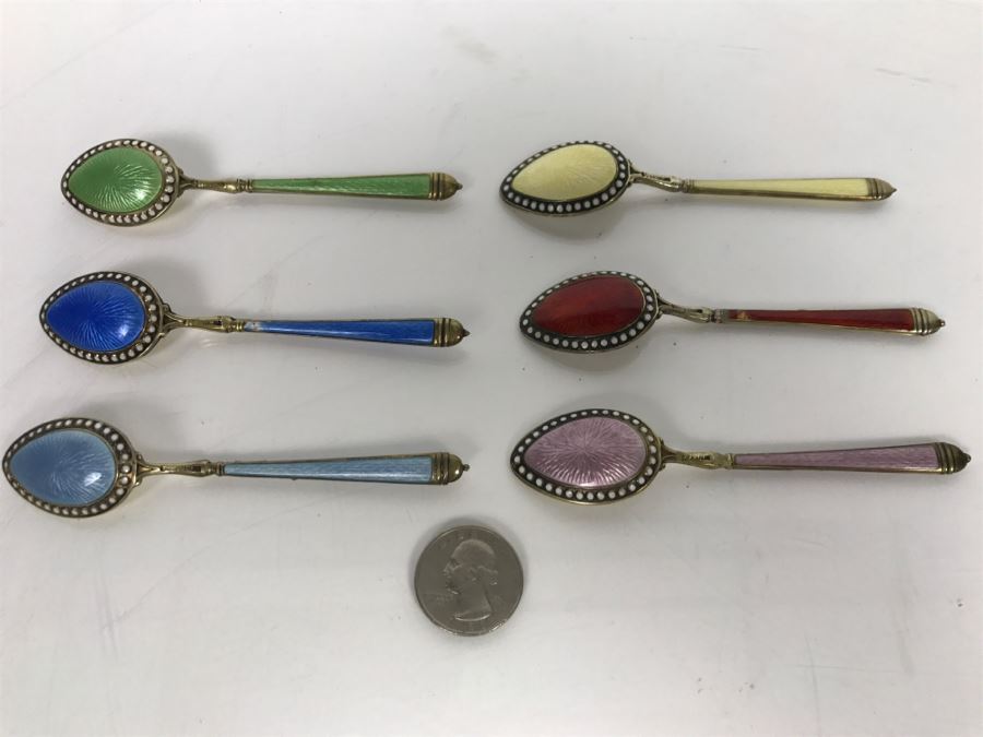 Set Of (6) Vintage Sterling Silver And Enamel Spoons 105.6g [Photo 8]