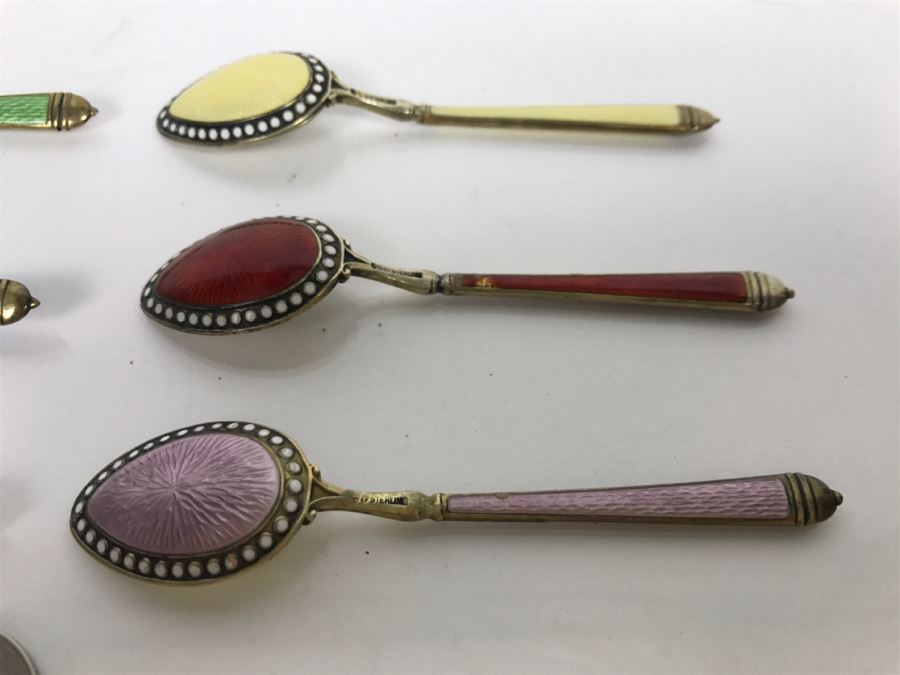 Set Of (6) Vintage Sterling Silver And Enamel Spoons 105.6g [Photo 10]