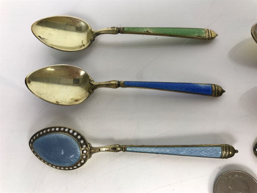 Set Of (6) Vintage Sterling Silver And Enamel Spoons 105.6g [Photo 4]