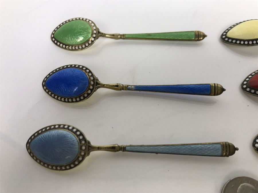 Set Of (6) Vintage Sterling Silver And Enamel Spoons 105.6g [Photo 9]