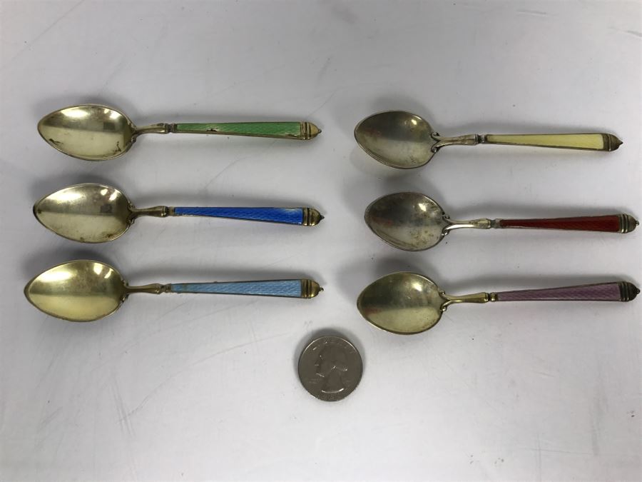 Set Of (6) Vintage Sterling Silver And Enamel Spoons 105.6g [Photo 5]