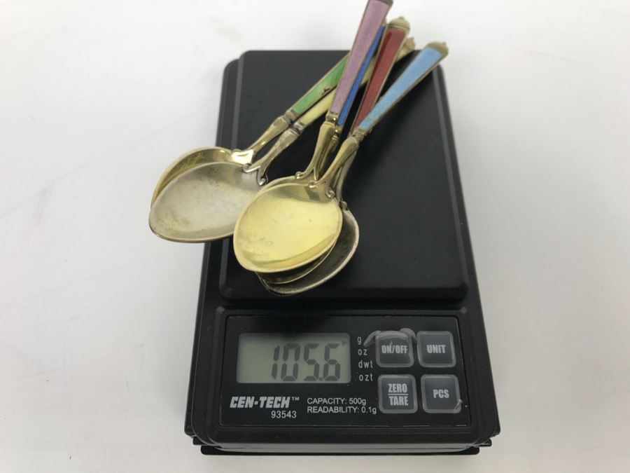 Set Of (6) Vintage Sterling Silver And Enamel Spoons 105.6g [Photo 14]