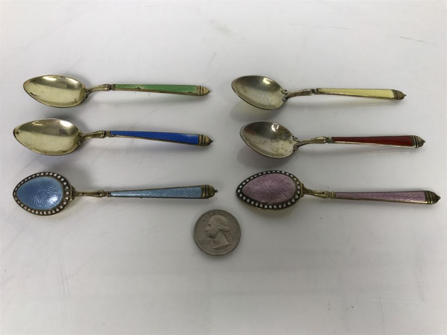 Set Of (6) Vintage Sterling Silver And Enamel Spoons 105.6g [Photo 1]