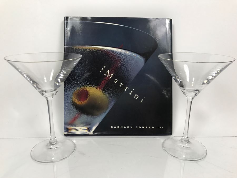Pair Of Spiegelau Martini Glasses And First Edition The Martini Book By Barnaby Conrad III