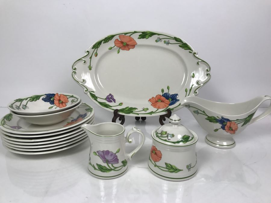 Villeroy & Boch Germany Amapola Pattern China Set With Platter, Gravy Boat, Creamer And Sugar, Bowls And Plates