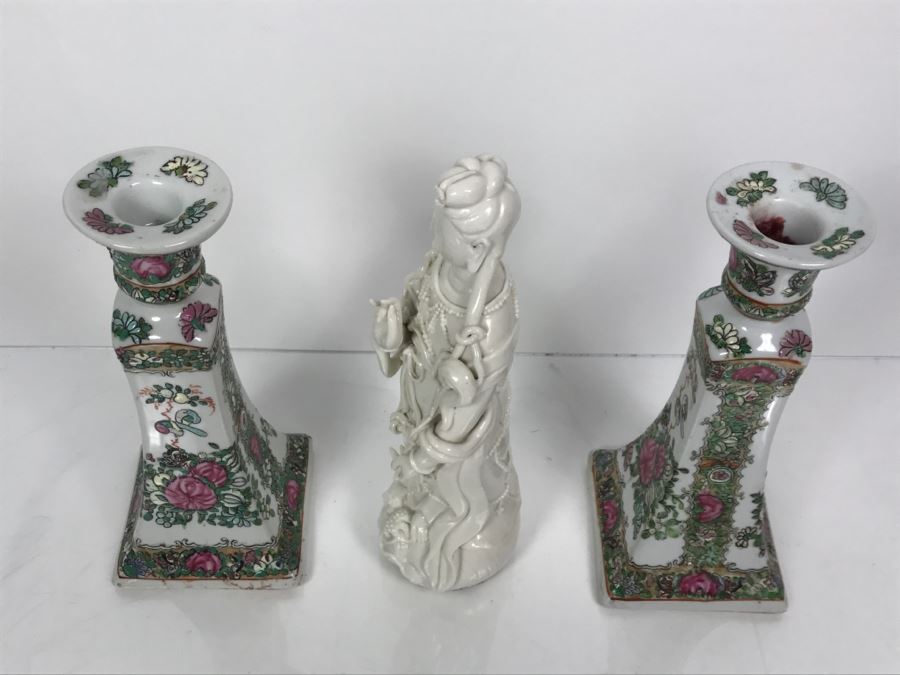 Pair Of Chinese Candleholders And Signed White Chinese Blanc de Chine Porcelain Figure of Guanyin Guan Yin [Photo 12]