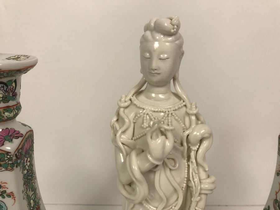 Pair Of Chinese Candleholders And Signed White Chinese Blanc de Chine Porcelain Figure of Guanyin Guan Yin [Photo 3]