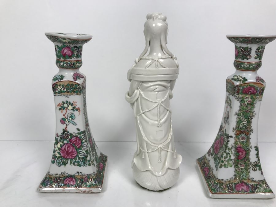 Pair Of Chinese Candleholders And Signed White Chinese Blanc de Chine Porcelain Figure of Guanyin Guan Yin [Photo 7]