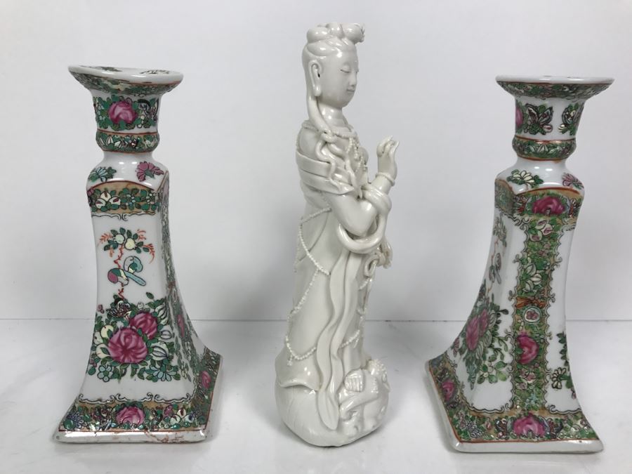 Pair Of Chinese Candleholders And Signed White Chinese Blanc de Chine Porcelain Figure of Guanyin Guan Yin [Photo 6]
