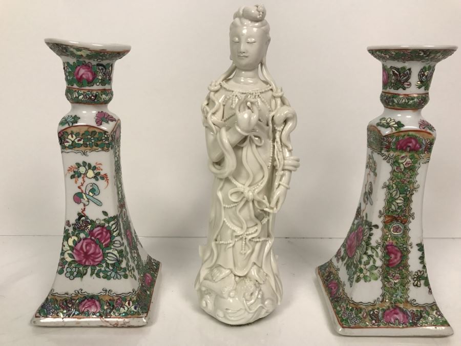 Pair Of Chinese Candleholders And Signed White Chinese Blanc de Chine Porcelain Figure of Guanyin Guan Yin [Photo 2]