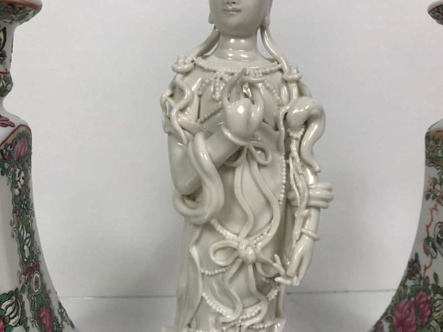 Pair Of Chinese Candleholders And Signed White Chinese Blanc de Chine Porcelain Figure of Guanyin Guan Yin [Photo 4]