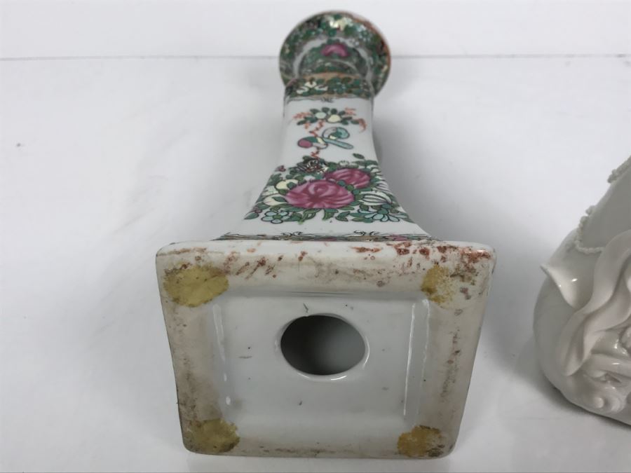 Pair Of Chinese Candleholders And Signed White Chinese Blanc de Chine Porcelain Figure of Guanyin Guan Yin [Photo 15]