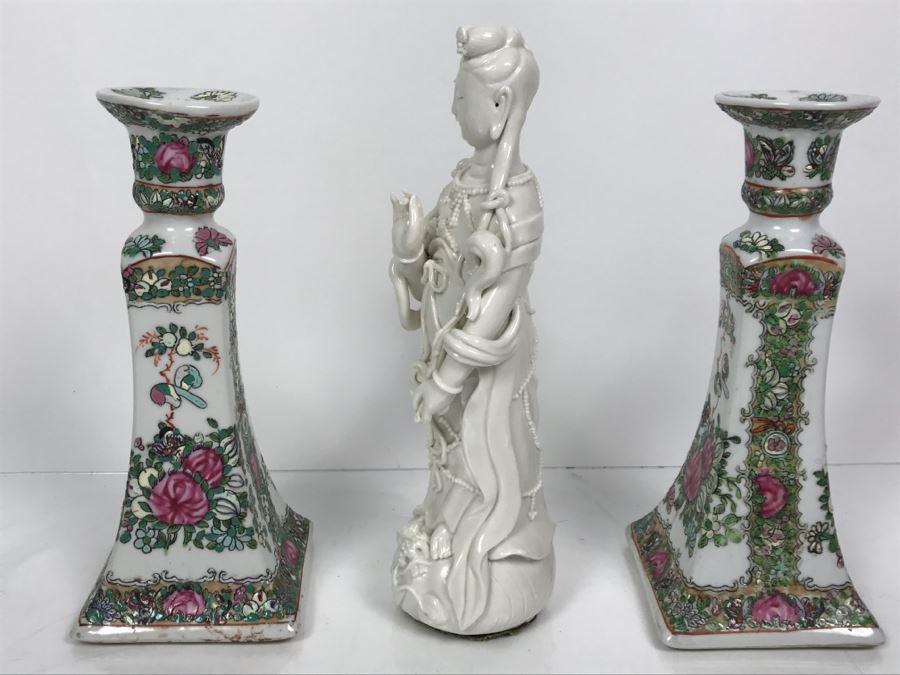 Pair Of Chinese Candleholders And Signed White Chinese Blanc de Chine Porcelain Figure of Guanyin Guan Yin [Photo 11]