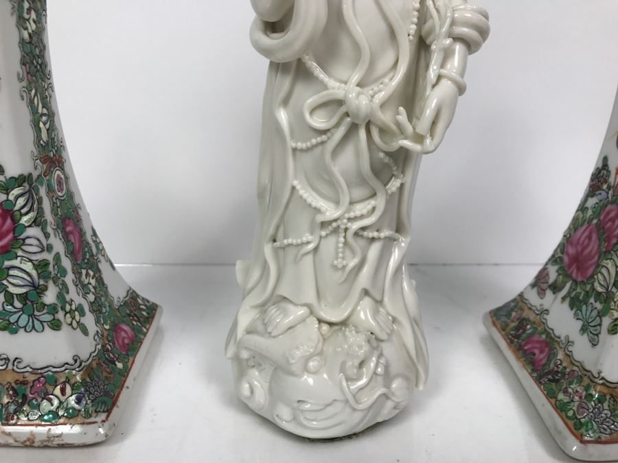 Pair Of Chinese Candleholders And Signed White Chinese Blanc de Chine Porcelain Figure of Guanyin Guan Yin [Photo 5]