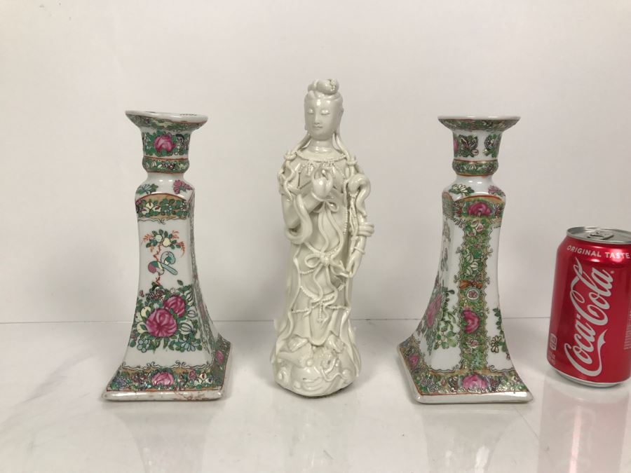 Pair Of Chinese Candleholders And Signed White Chinese Blanc de Chine Porcelain Figure of Guanyin Guan Yin