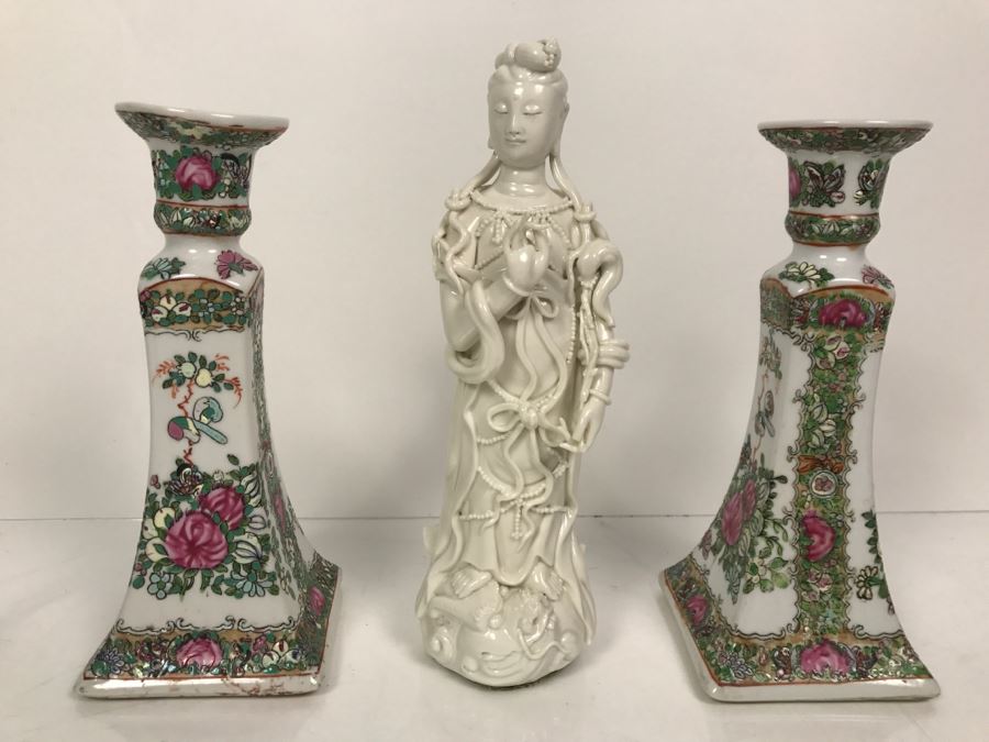 Pair Of Chinese Candleholders And Signed White Chinese Blanc de Chine Porcelain Figure of Guanyin Guan Yin [Photo 16]