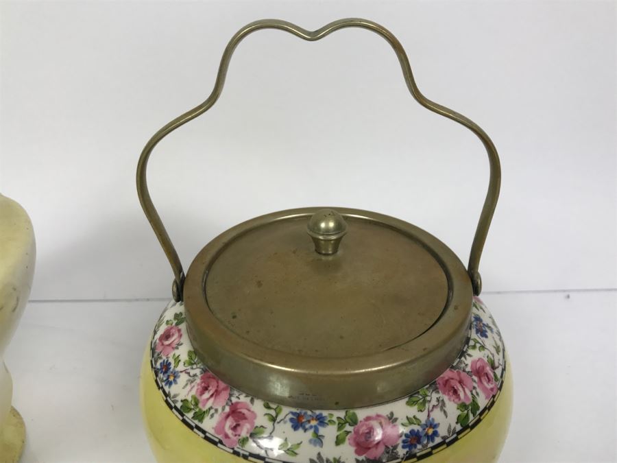 Pair Of Vintage English Barrel Biscuit Jars Lidded With Handles [Photo 6]