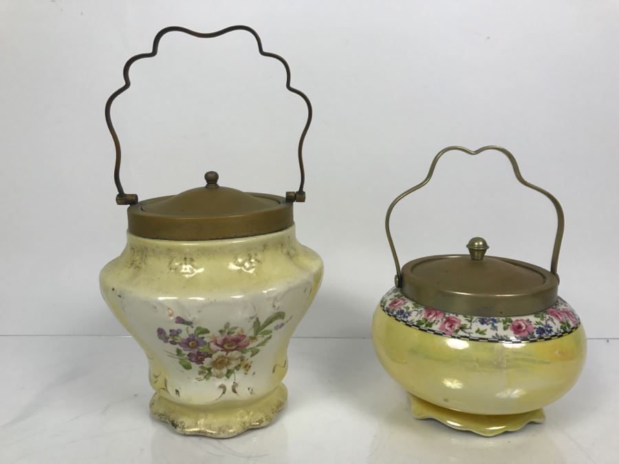 Pair Of Vintage English Barrel Biscuit Jars Lidded With Handles [Photo 2]