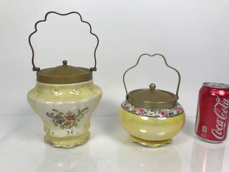 Pair Of Vintage English Barrel Biscuit Jars Lidded With Handles