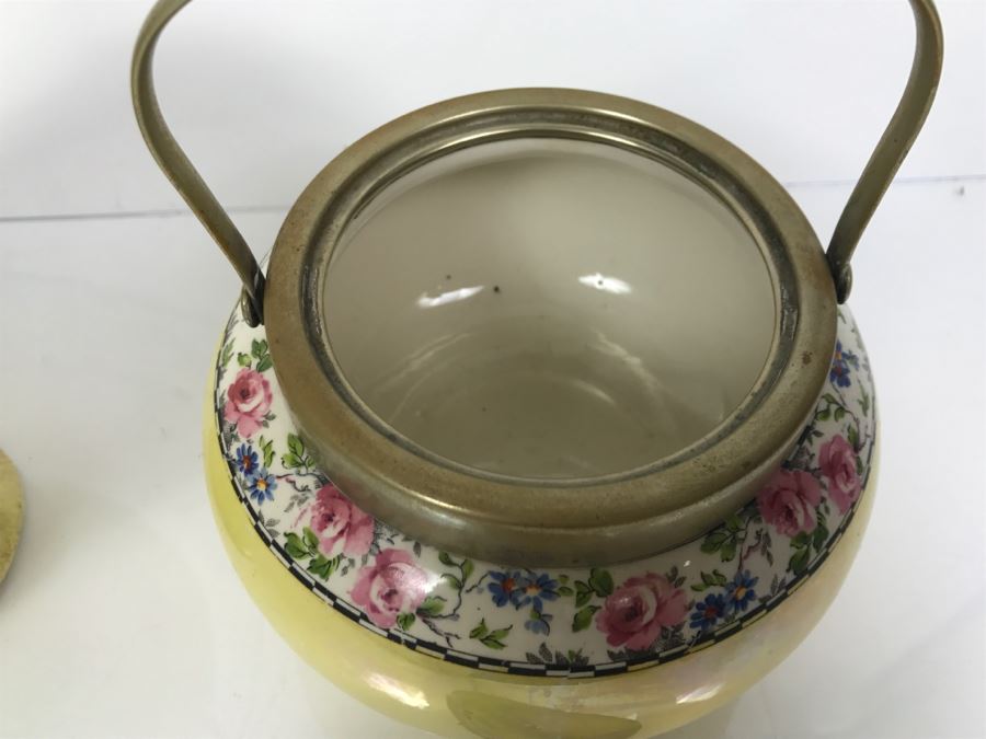 Pair Of Vintage English Barrel Biscuit Jars Lidded With Handles [Photo 7]