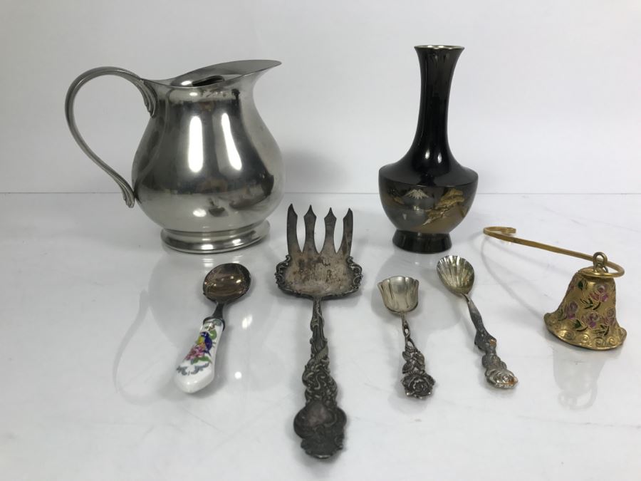 Pewter Pitcher, Vase, Spoons, Fork And Candle Snuffer [Photo 2]