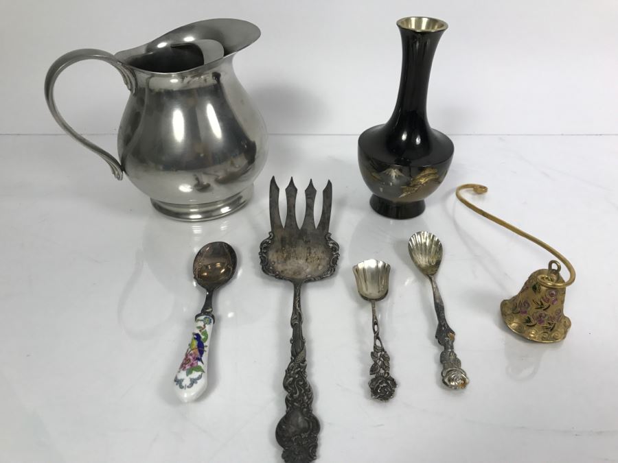 Pewter Pitcher, Vase, Spoons, Fork And Candle Snuffer