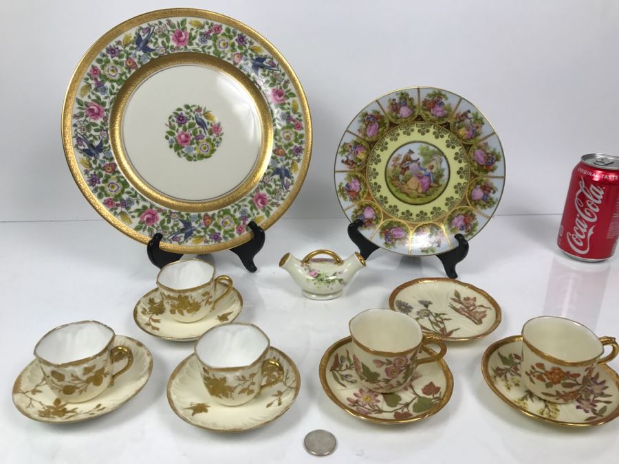 Various China Cups And Saucers, Griswold Salt & Pepper Shaker, Germany Handpainted Plate Love Story See Photos