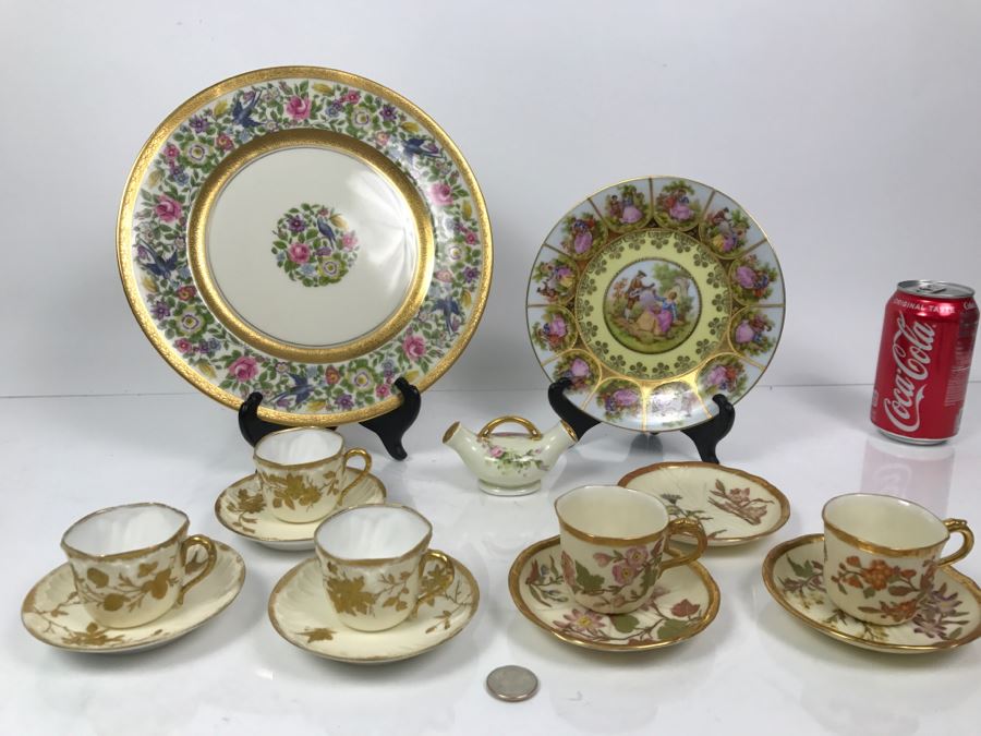 Various China Cups And Saucers, Griswold Salt & Pepper Shaker, Germany Handpainted Plate Love Story See Photos [Photo 2]