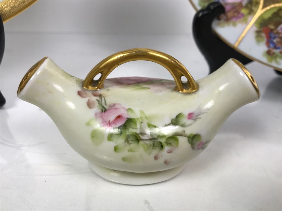 Various China Cups And Saucers, Griswold Salt & Pepper Shaker, Germany Handpainted Plate Love Story See Photos [Photo 12]