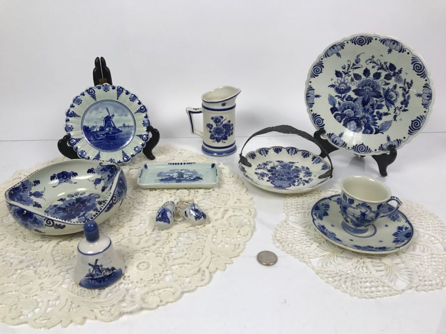 Collection Of Blue Delfts Holland And (2) Crocheted Doilies