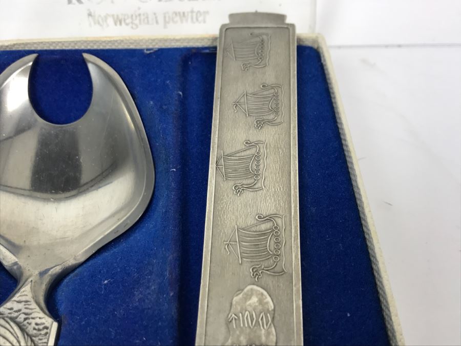 Konge Tinn Norwegian Pewter Salad Serving Set With Box [Photo 12]