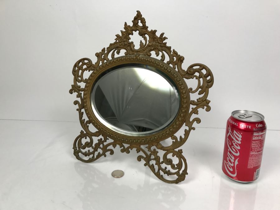 Vintage Brass Rococo Beveled Glass Vanity Mirror