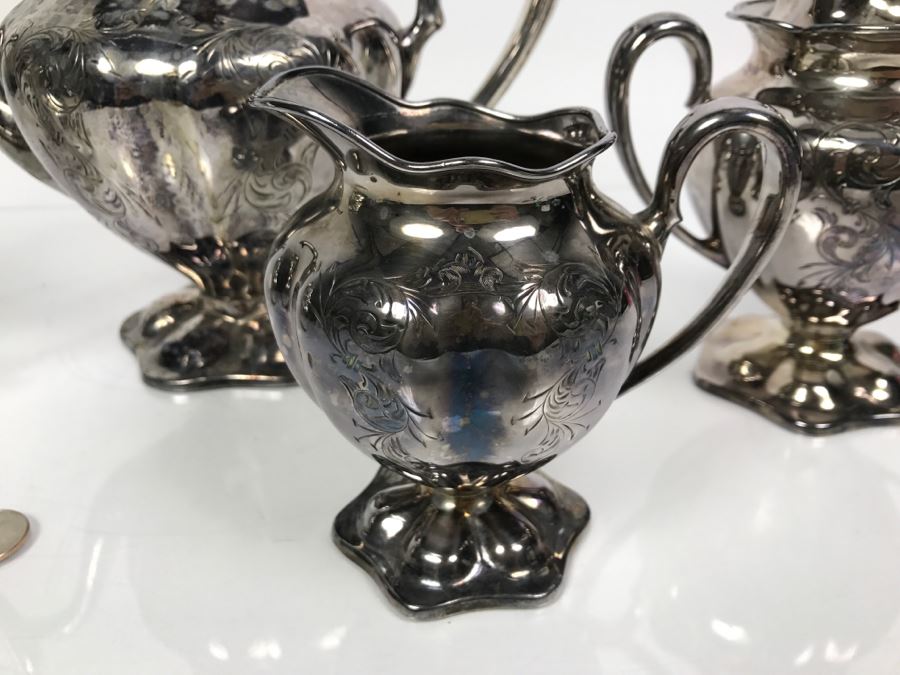 Forbes Silver Co Quadruple Silverplate Tea Set With Teapot, Creamer And Sugar And Woodbury Pewter Teapot [Photo 2]