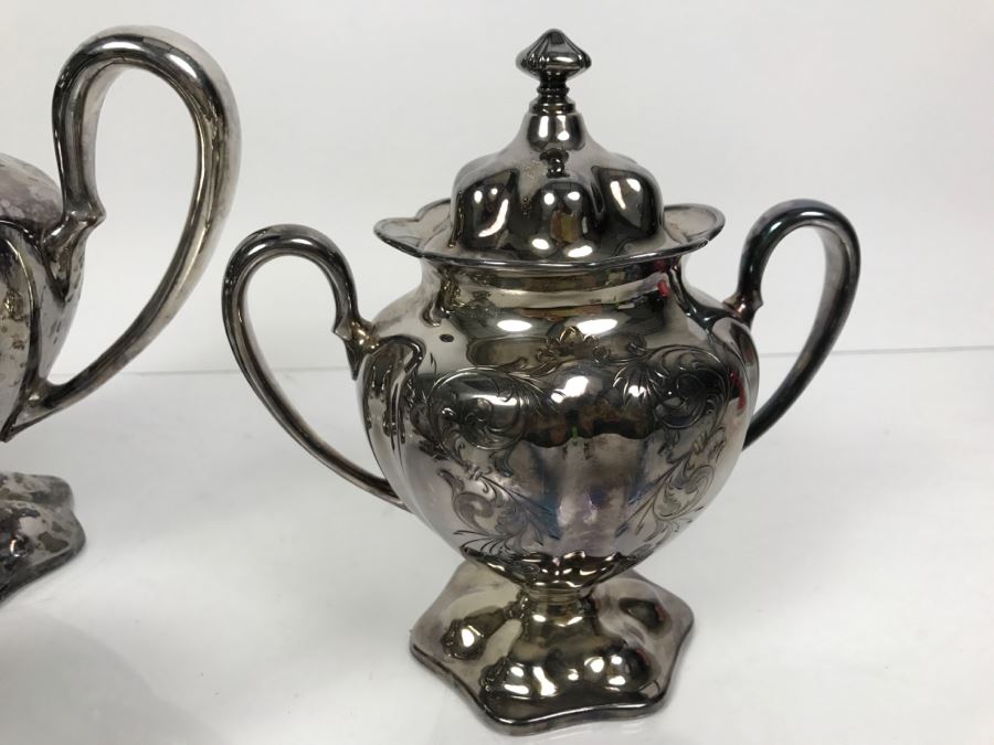 Forbes Silver Co Quadruple Silverplate Tea Set With Teapot, Creamer And Sugar And Woodbury Pewter Teapot [Photo 3]