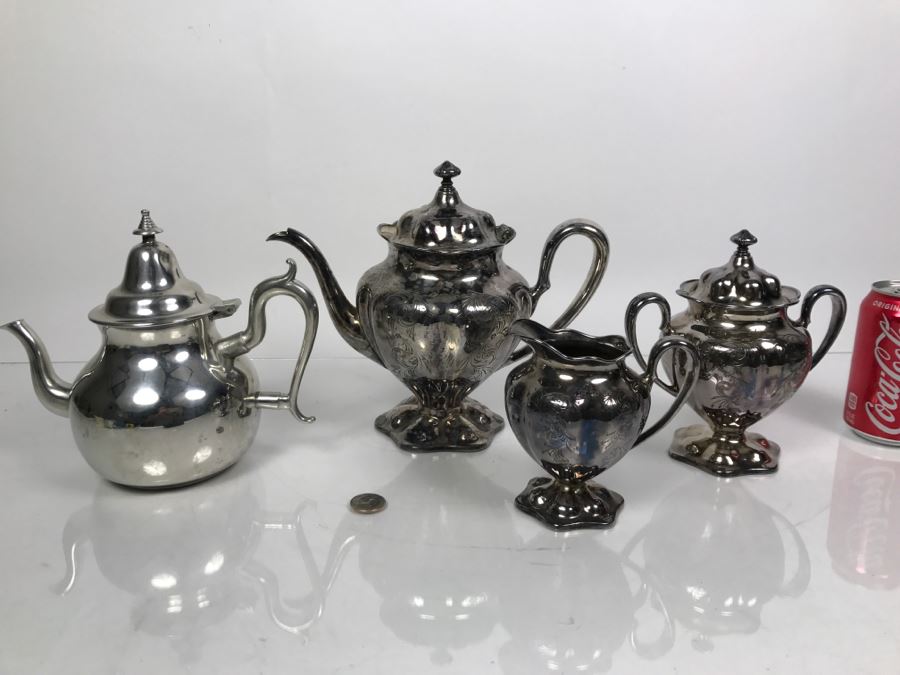 Forbes Silver Co Quadruple Silverplate Tea Set With Teapot, Creamer And Sugar And Woodbury Pewter Teapot