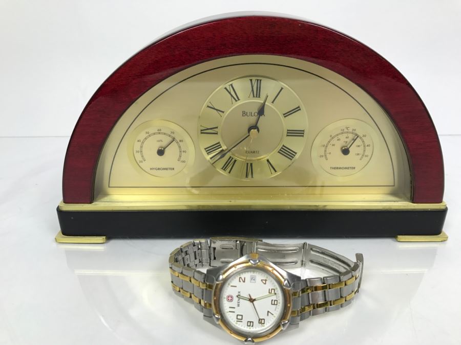BULOVA Mantle Clock With Hygrometer And Thermometer And Men’s WENGER Swiss Watch [Photo 1]