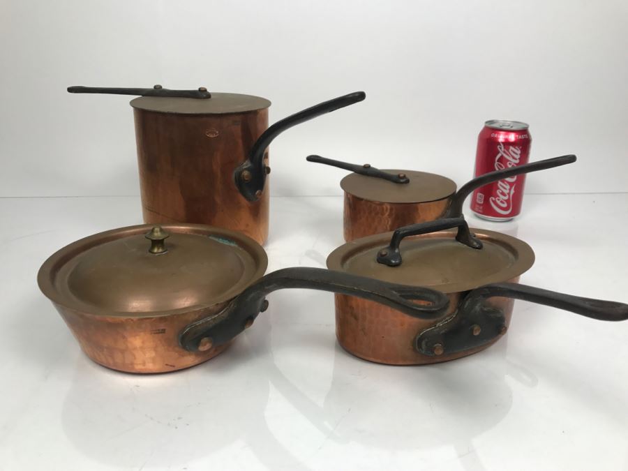 Vintage French Hammered Copper Pots With Lids - Some Made For The Bridge Company And Some Made In Paris