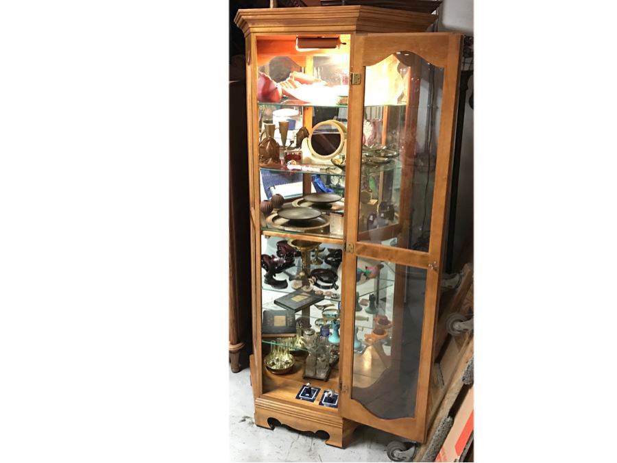 Wooden Curio Display Cabinet With Mirrored Back, Glass Shelving And Overhead Lighting