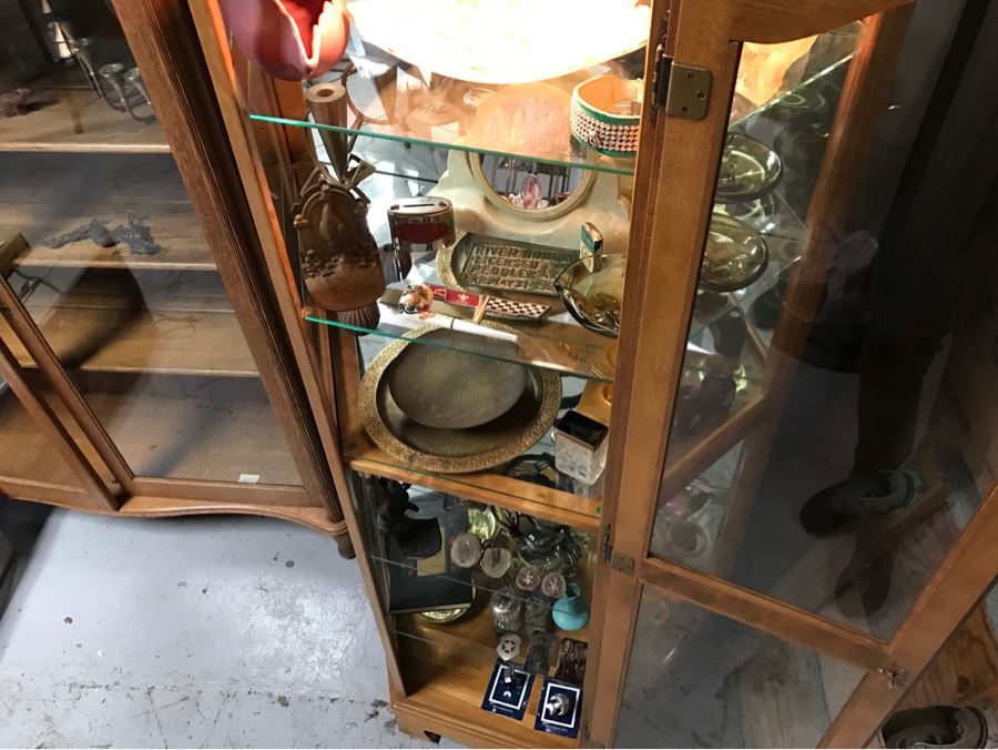 Wooden Curio Display Cabinet With Mirrored Back, Glass Shelving And ...