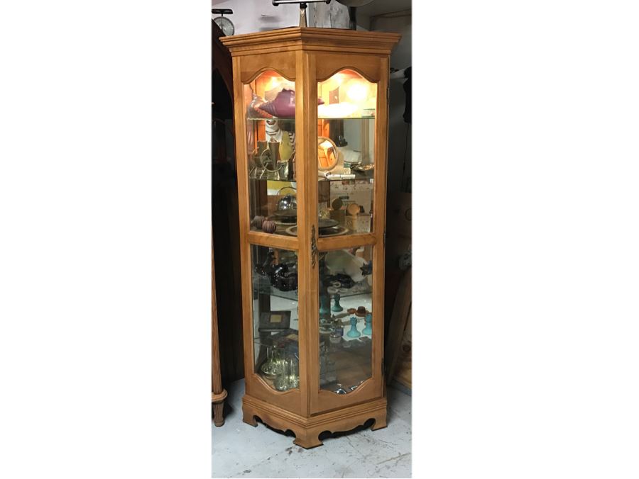 Wooden Curio Display Cabinet With Mirrored Back, Glass Shelving And Overhead Lighting [Photo 2]