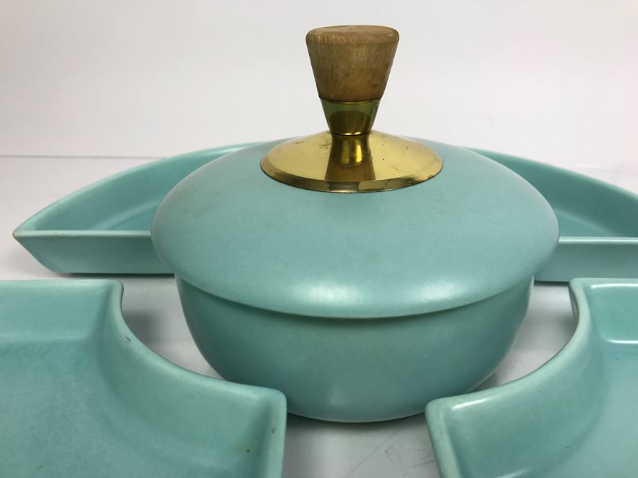 Mid-Century Pottery Chip & Dip Vegetable Tray, Moire Glaze KYES Handmade Tray Pasadena, CA And Metal Tri-Color Glitter Tray [Photo 4]