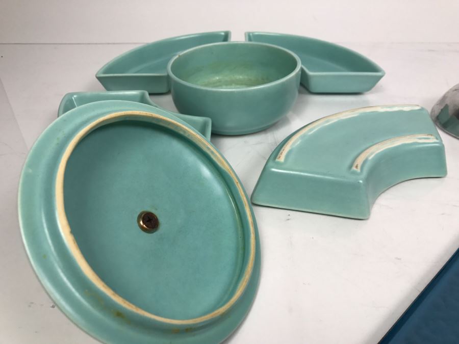 Mid-Century Pottery Chip & Dip Vegetable Tray, Moire Glaze KYES Handmade Tray Pasadena, CA And Metal Tri-Color Glitter Tray [Photo 13]