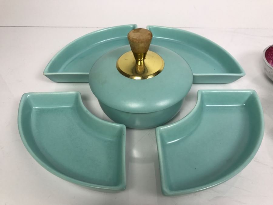 Mid-Century Pottery Chip & Dip Vegetable Tray, Moire Glaze KYES Handmade Tray Pasadena, CA And Metal Tri-Color Glitter Tray [Photo 3]