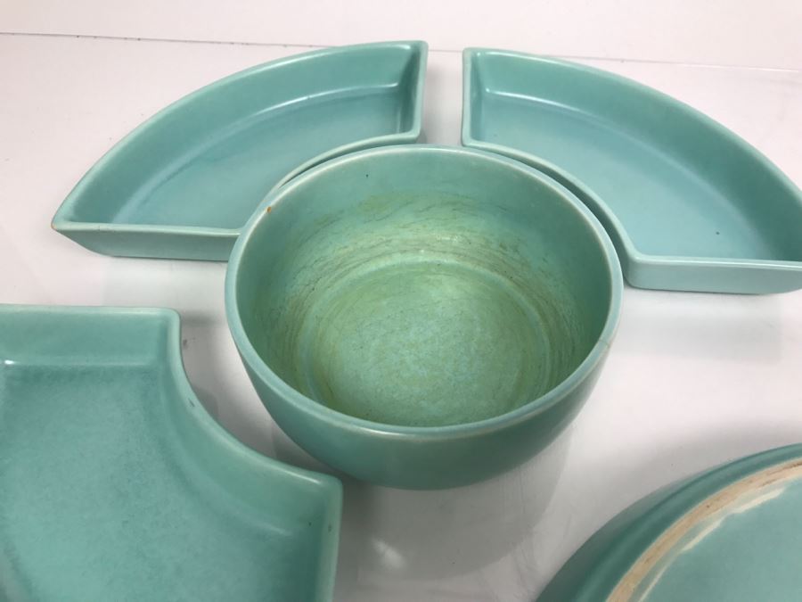 Mid-Century Pottery Chip & Dip Vegetable Tray, Moire Glaze KYES Handmade Tray Pasadena, CA And Metal Tri-Color Glitter Tray [Photo 14]